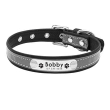 Load image into Gallery viewer, black reflective personalized leather dog collar