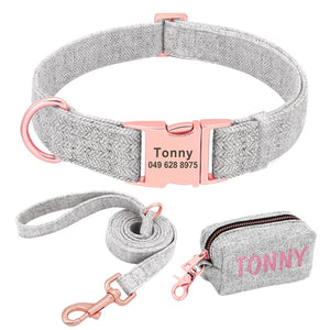 grey personalized dog collar leash set